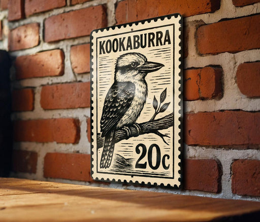 A metal sign with a black and white illustration of a bird, resembling a kookaburra, mounted on a brick wall.