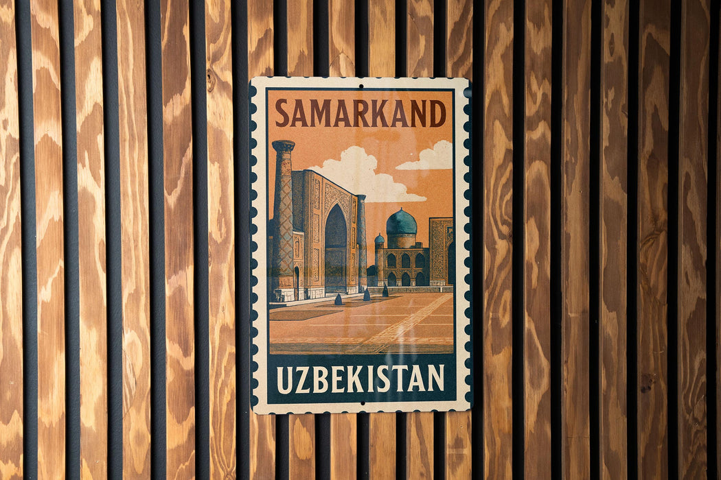 A vintage postage stamp from Samarkand, Uzbekistan, featuring an illustration of a mosque and a street scene.