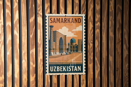 A vintage postage stamp from Samarkand, Uzbekistan, featuring an illustration of a mosque and a street scene.