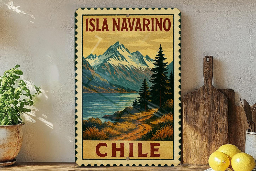 A vintage-style metal sign with a mountain landscape and a lake, displaying the text "ISLA NAVARINO CHILE" in the center.