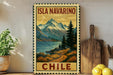 A vintage-style metal sign with a mountain landscape and a lake, displaying the text "ISLA NAVARINO CHILE" in the center.