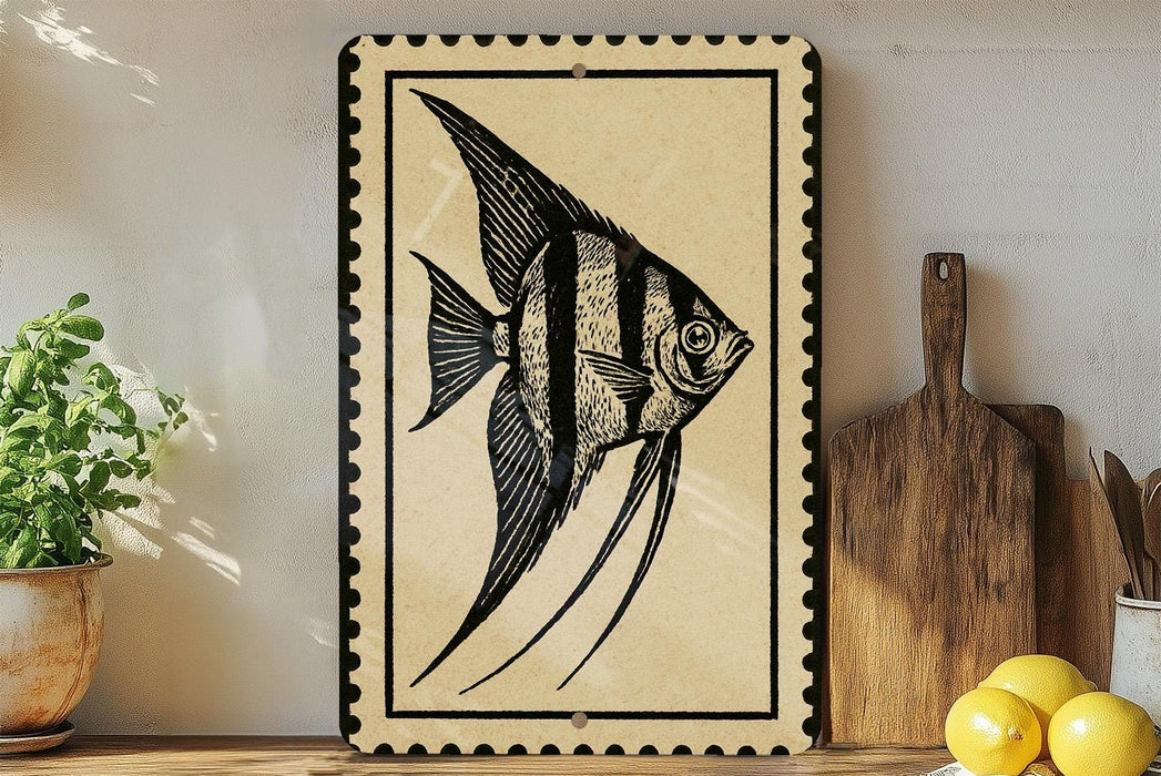 a framed illustration of a fish, specifically an angelfish, on a wooden surface.