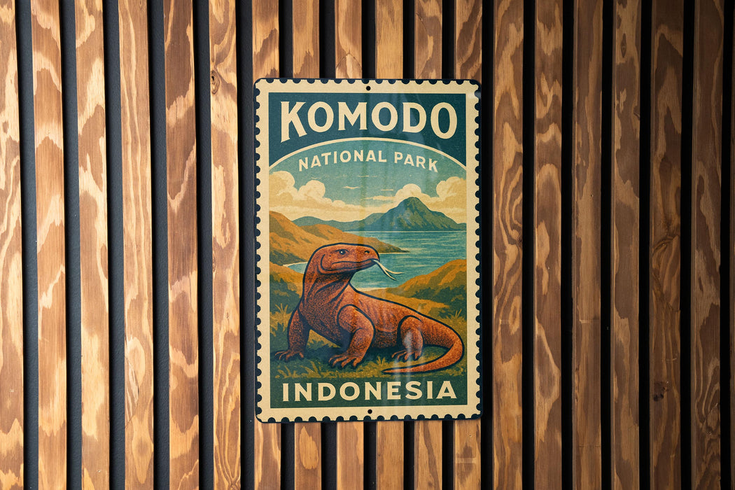 A vintage-style metal sign with a komodo lama illustration, mounted on a wooden wall.