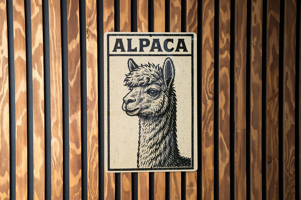 A metal sign with the word "ALPaca" on it is displayed against a wooden background.