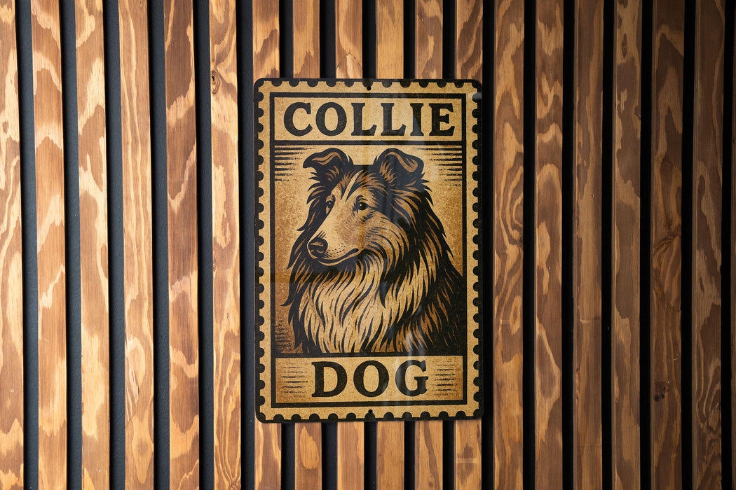 A metal sign with a collage of images of collies is displayed on a wooden wall.