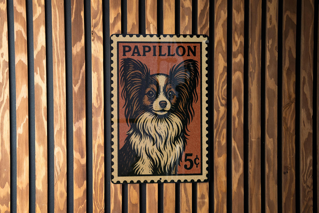 A vintage Papillon dog stamp is displayed on a wooden wall.