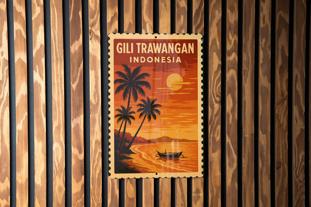 A vintage postage stamp depicting a tropical beach scene with palm trees, a boat, and a sunset over the ocean.