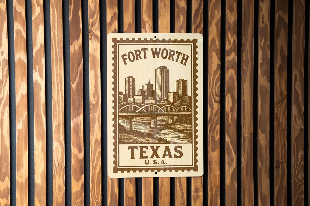 A metal sign with a printed image of Fort Worth, Texas, and the text "Fort Worth, TX, U.S.A."