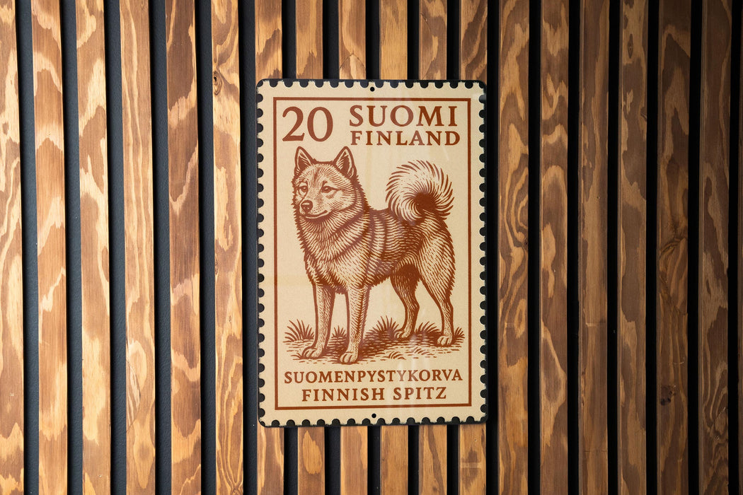 A 20 Finnish postage stamp featuring a dog, placed on a wooden wall.