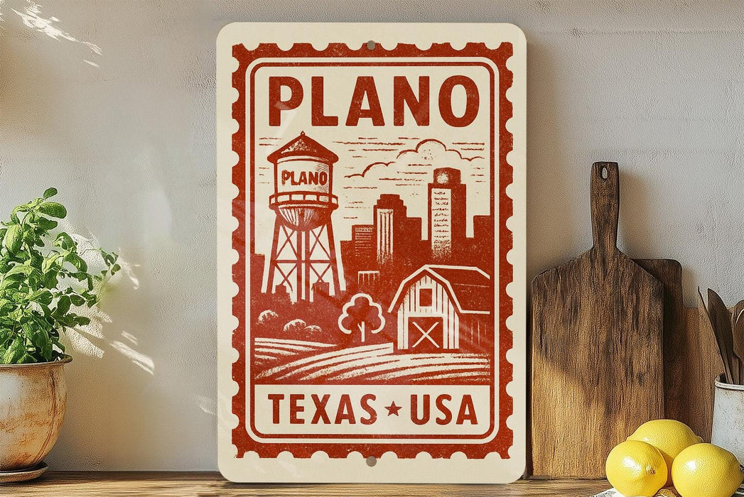 A vintage-style sign for Plano, Texas, featuring a water tower and a barn, with the text "PLANO TEXAS USA" printed on it.