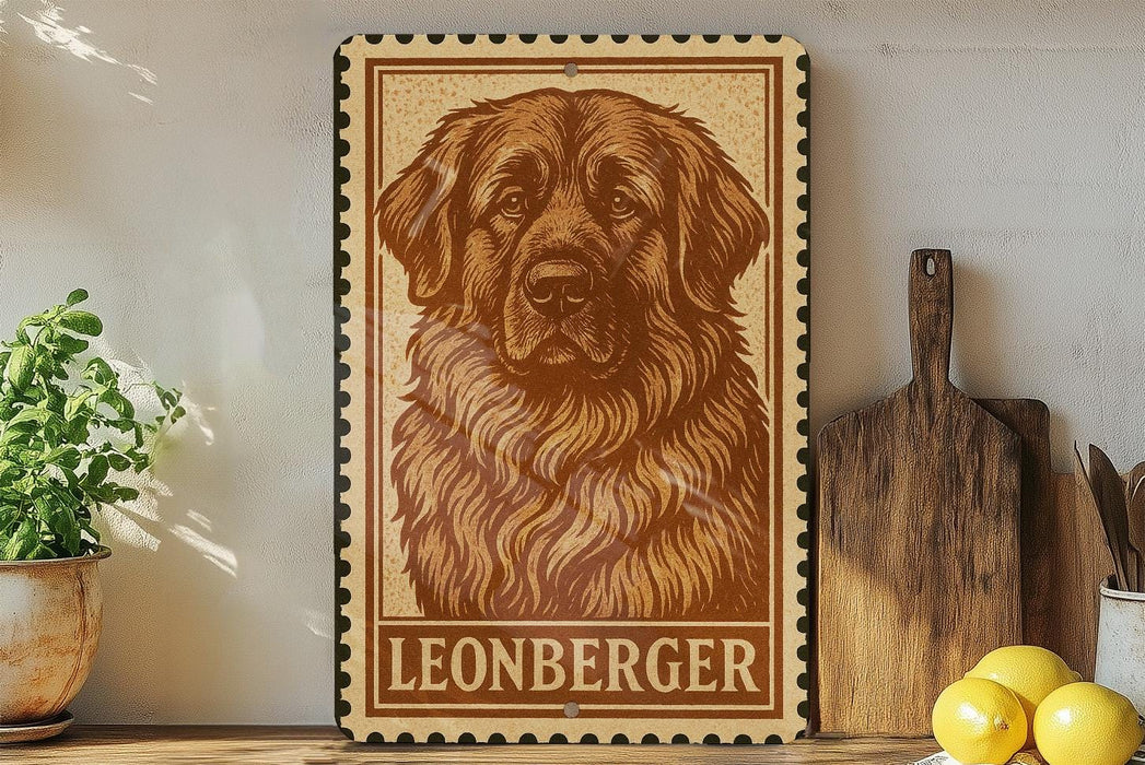 A framed image of a Leonberger dog is displayed on a shelf, accompanied by a wooden cutting board, a potted plant, and some lemons.