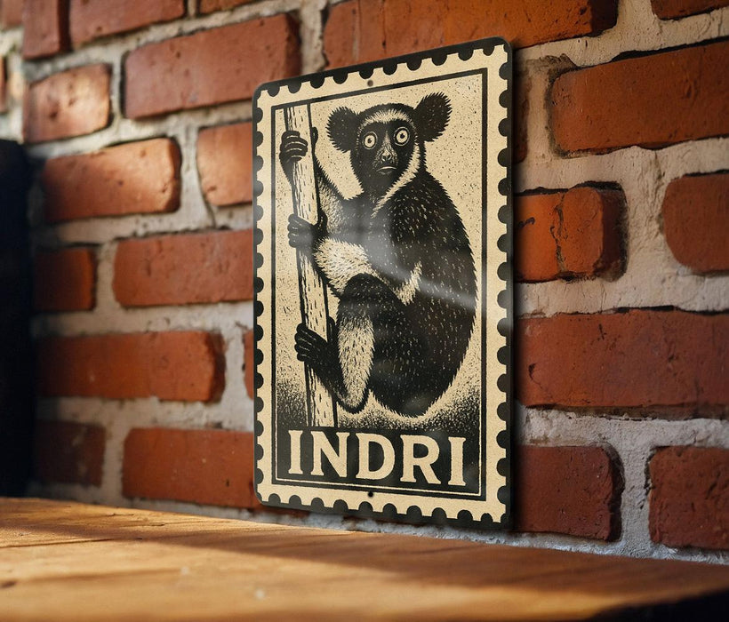 A metal sign featuring a black and white illustration of a koala bear is mounted on a brick wall.
