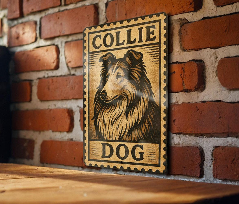 A wooden table with a framed poster of a collie dog on it, mounted on a brick wall.