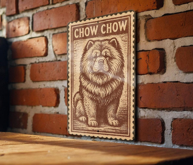 a wooden table with a framed poster of a chow dog on it, mounted on a brick wall.