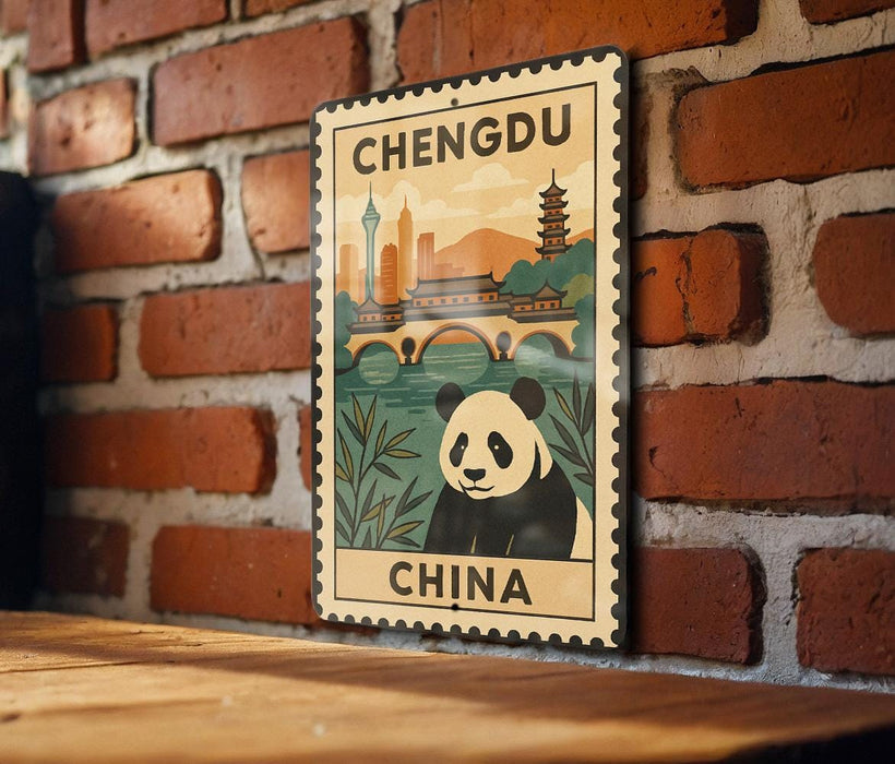 A vintage-style poster of a panda bear and the city of Chengdu, China, displayed on a brick wall.
