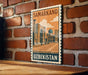 A vintage postage stamp featuring the Samarkand region of Uzbekistan, with a brick wall and wooden table in the background.