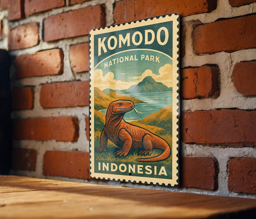 A vintage-style poster of Komodo National Park in Indonesia, featuring a large illustration of a Komodo dragon against a scenic landscape.