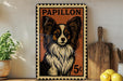 A vintage-style stamp featuring a Papillon dog, with a price of 5 cents, is displayed on a shelf next to a wooden cutting board and some lemons.