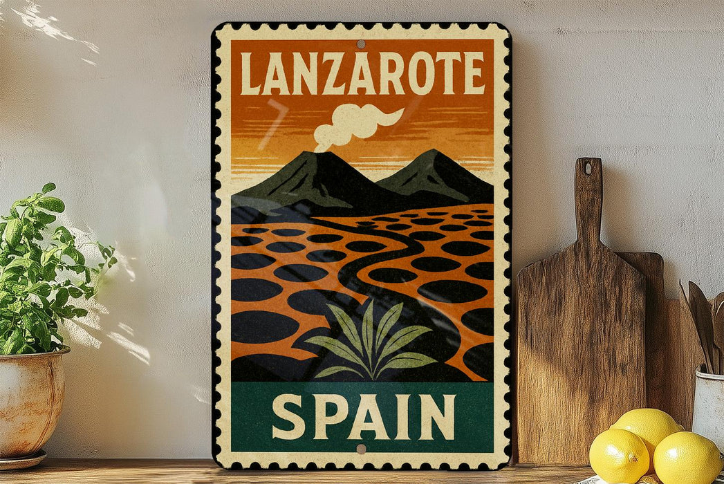 A vintage-style travel poster for Lanzarote, Spain, featuring a mountain landscape with a cloud and palm tree.