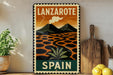 A vintage-style travel poster for Lanzarote, Spain, featuring a mountain landscape with a cloud and palm tree.