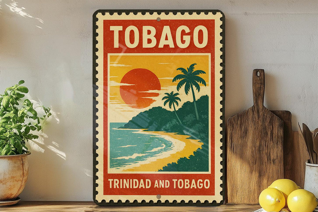 A vintage-style stamp or sign with the text "TOBAGO" and a tropical beach scene, featuring a sun, palm trees, and a body of water.
