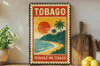 A vintage-style stamp or sign with the text "TOBAGO" and a tropical beach scene, featuring a sun, palm trees, and a body of water.