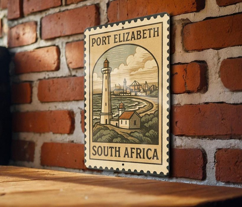A vintage-style metal sign with a lighthouse and a coastal scene, mounted on a brick wall.