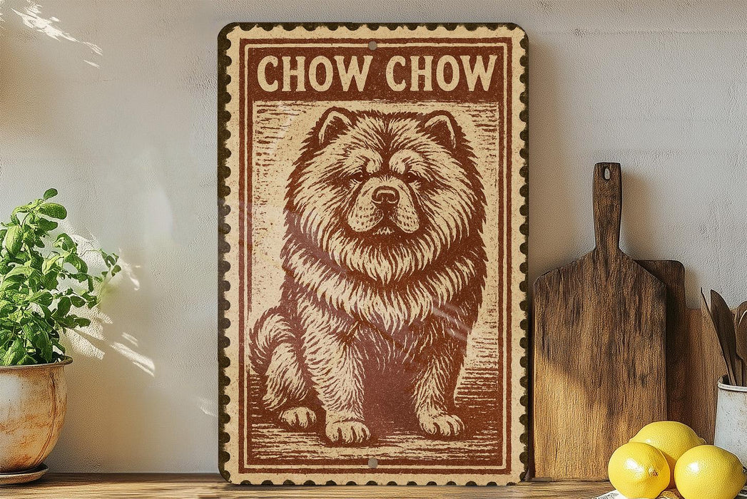 a vintage-style metal sign with a chow chow dog illustration, placed on a wooden surface next to a wooden cutting board and a potted plant.