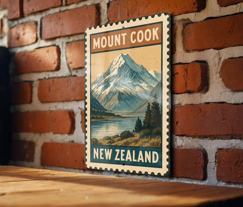 A vintage-style poster of Mount Cook, a famous mountain range in New Zealand, is displayed on a brick wall.