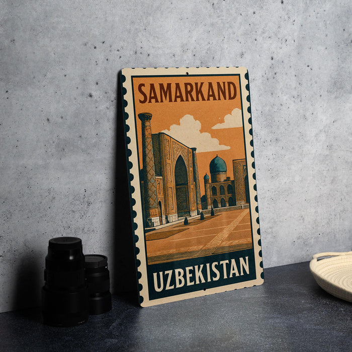 A vintage postage stamp from Uzbekistan featuring an illustration of a mosque and other architectural structures.