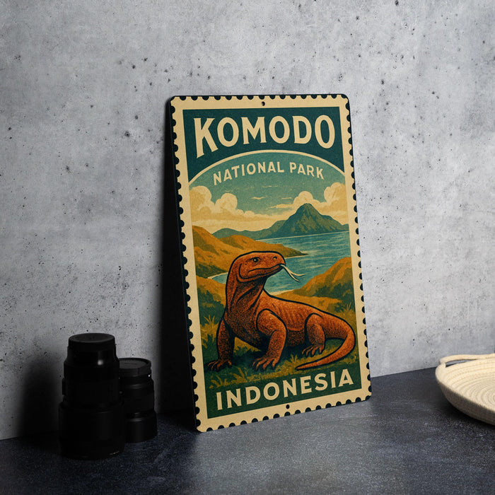 A metal sign with a vintage-style illustration of Komodo National Park in Indonesia, featuring a large lizard or crocodile-like creature.