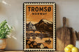 A vintage-style metal sign with a mountain landscape and a bridge, featuring the text "TROMSO NORWAY" in the center.