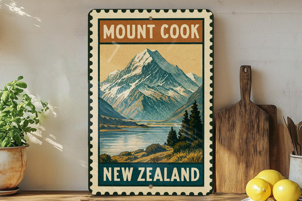 A vintage-style metal sign with a mountain landscape and a lake, advertising "Mount Cook New Zealand". The sign is displayed on a shelf next to a wooden cutting board and some kitchen utensils.