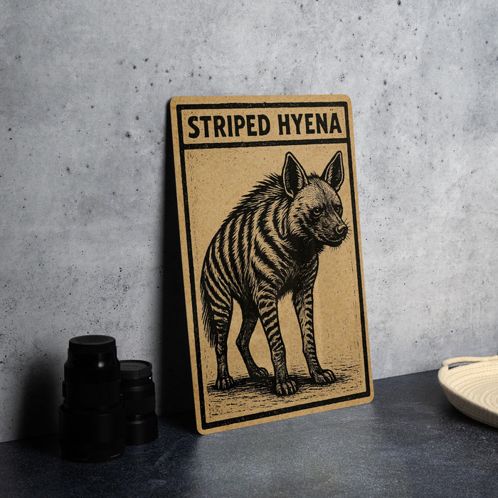 a wooden sign with a black and white illustration of a striped hyena, placed on a dark surface next to some black camera lenses.