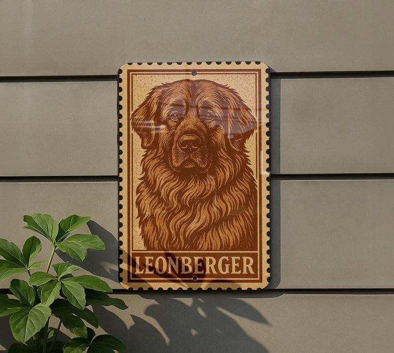 A wooden sign featuring a large illustration of a dog's face, with the word "LEONBERGER" written below it.