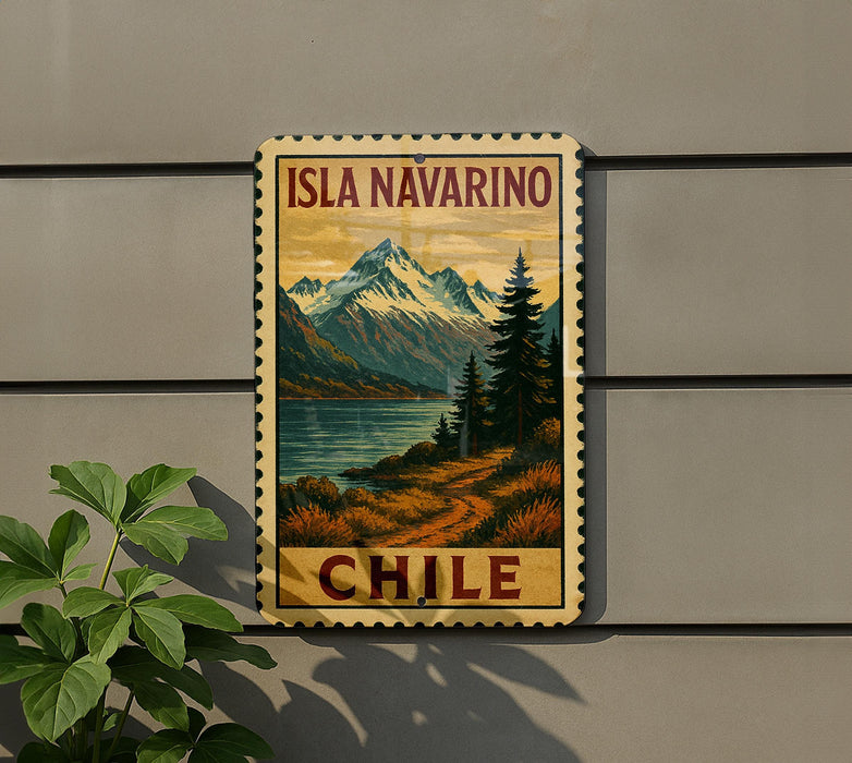A vintage-style metal sign with a mountain landscape and a lake, mounted on a wall.