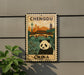 A poster of a panda bear and the city of Chengdu, China, with a bridge and buildings in the background.