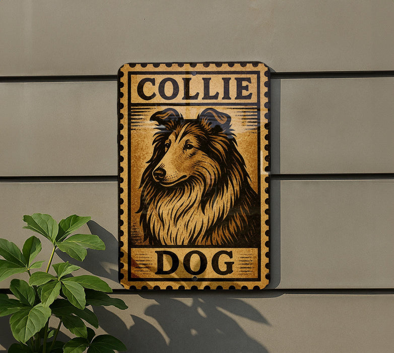 A metal sign with a collage of images, including a close-up of a dog's face, is mounted on a wall.