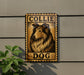A metal sign with a collage of images, including a close-up of a dog's face, is mounted on a wall.