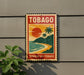 A vintage-style sign for Trinidad and Tobago, featuring a tropical beach scene with palm trees and a sunset.