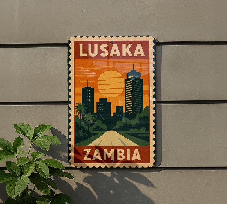 A vintage-style sign that reads "LUSAKA ZAMBIA" with an illustration of a cityscape and a sunset.