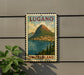 A vintage-style postage stamp depicting a scenic view of Lugano, Switzerland, with a mountain and a town in the background.