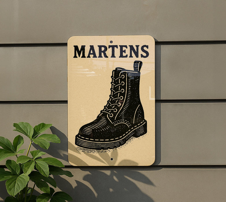 A sign with the word "MARTENS" written on it, featuring a black and white illustration of a boot.