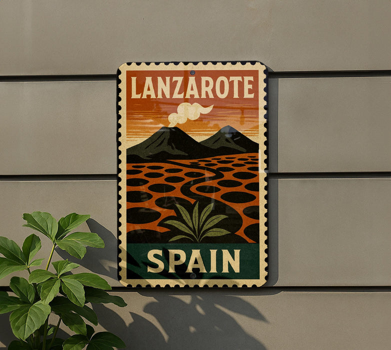 A vintage-style sign for Lanzarote, Spain, featuring a landscape with mountains, a palm tree, and a cloud-filled sky.