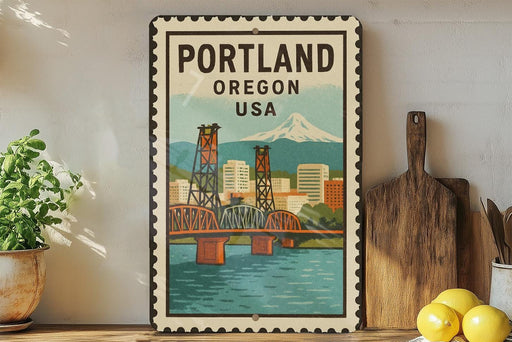 A framed vintage-style poster of the Portland, Oregon skyline, featuring the iconic bridge and mountain in the background.