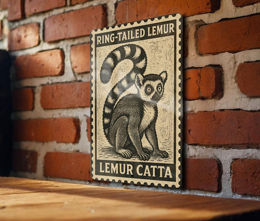 A framed illustration of a lemur, a type of primate, is displayed on a brick wall.