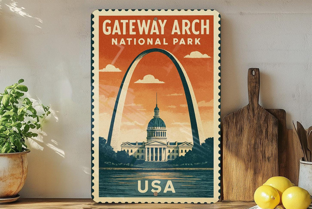 A vintage-style poster of the Gateway Arch National Park in the United States, featuring the iconic arch and the surrounding landscape.