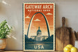 A vintage-style poster of the Gateway Arch National Park in the United States, featuring the iconic arch and the surrounding landscape.