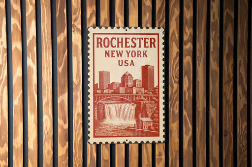 A postage stamp featuring the cityscape of Rochester, New York, USA, with a waterfall in the background.