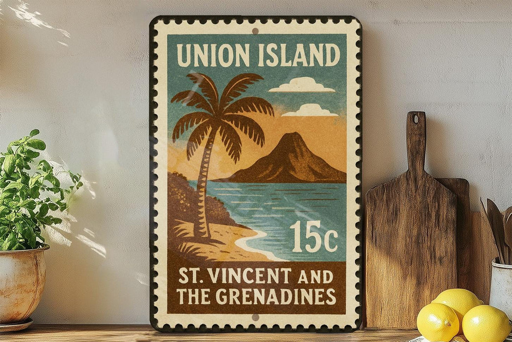A vintage-style stamp depicting Union Island, St. Vincent and the Grenadines, with a palm tree and a mountain landscape.